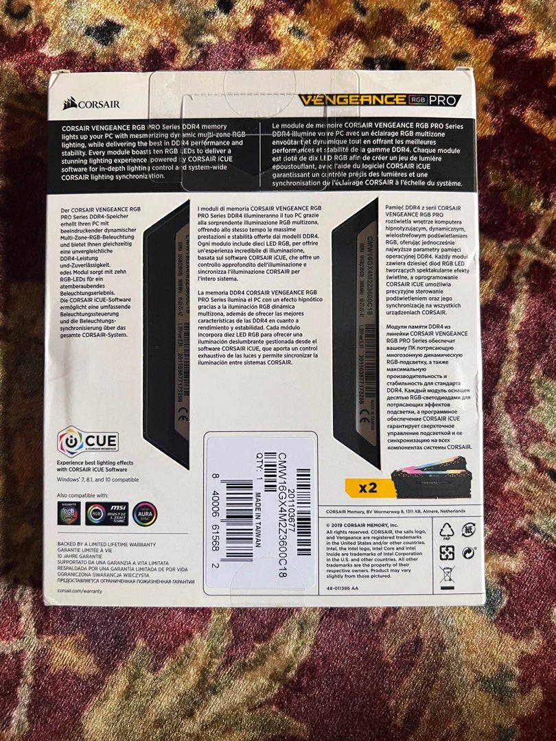 Computer Ram (Category: Computer Parts) located in Singapore. Submitted by kaif90 (Listing ID 1231523073, Image 2). Description: VENGEANCE RGB PRO 2x8GB DDR4 3600 MHz Unopened Delivery $20.