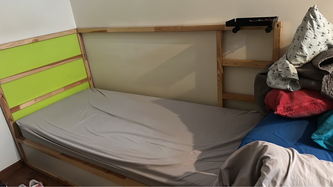 Modified ikea Kura bed frame with single Hafslo mattress, Furniture