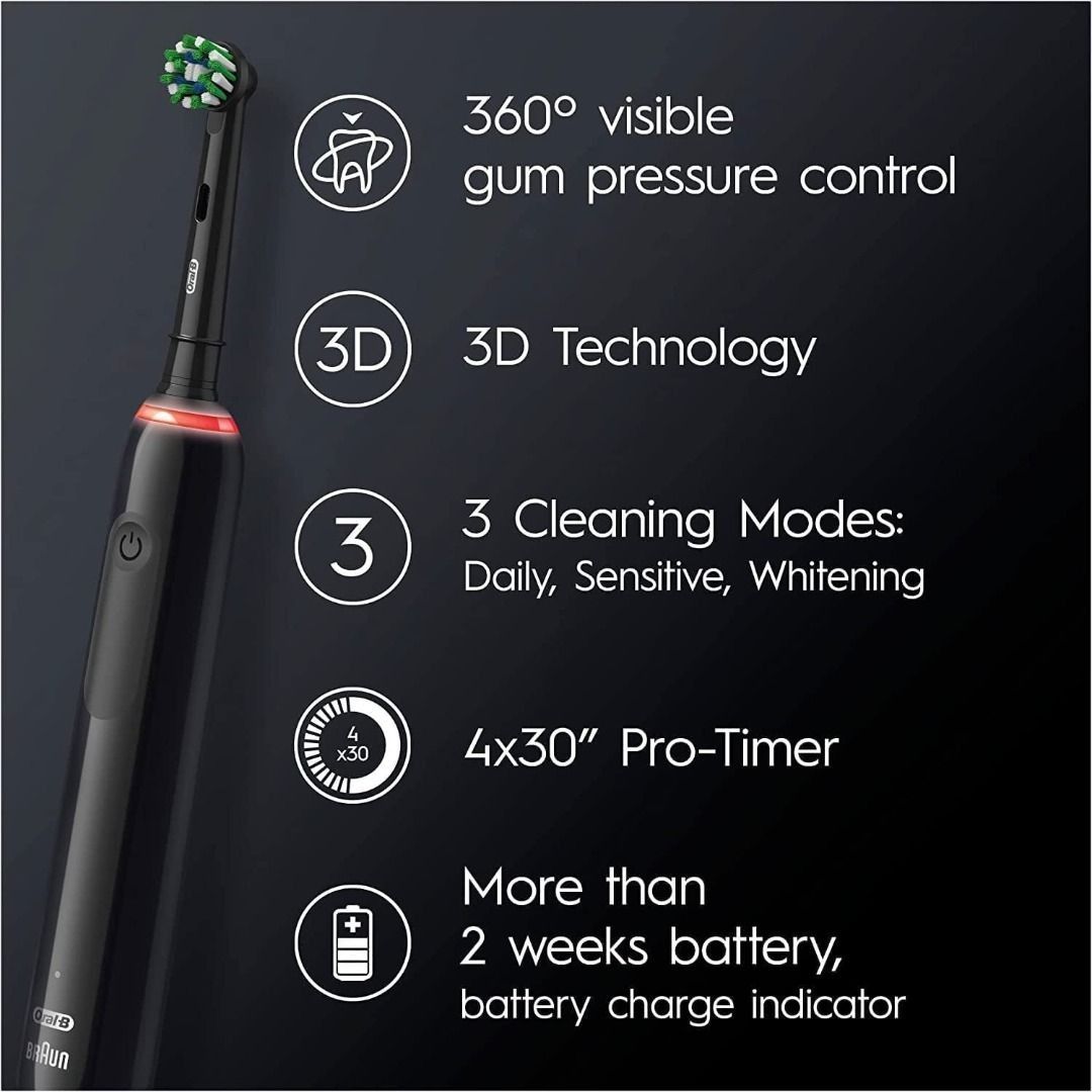 Oral-B Pro 3 Electric Toothbrush With Smart Pressure Sensor, 1 Cross Action  Toothbrush Head & Mondrian Travel Case, 3 Modes With Teeth Whitening, Gifts  For Men/Women, 2 Pin Uk Plug, 3500, Beauty
