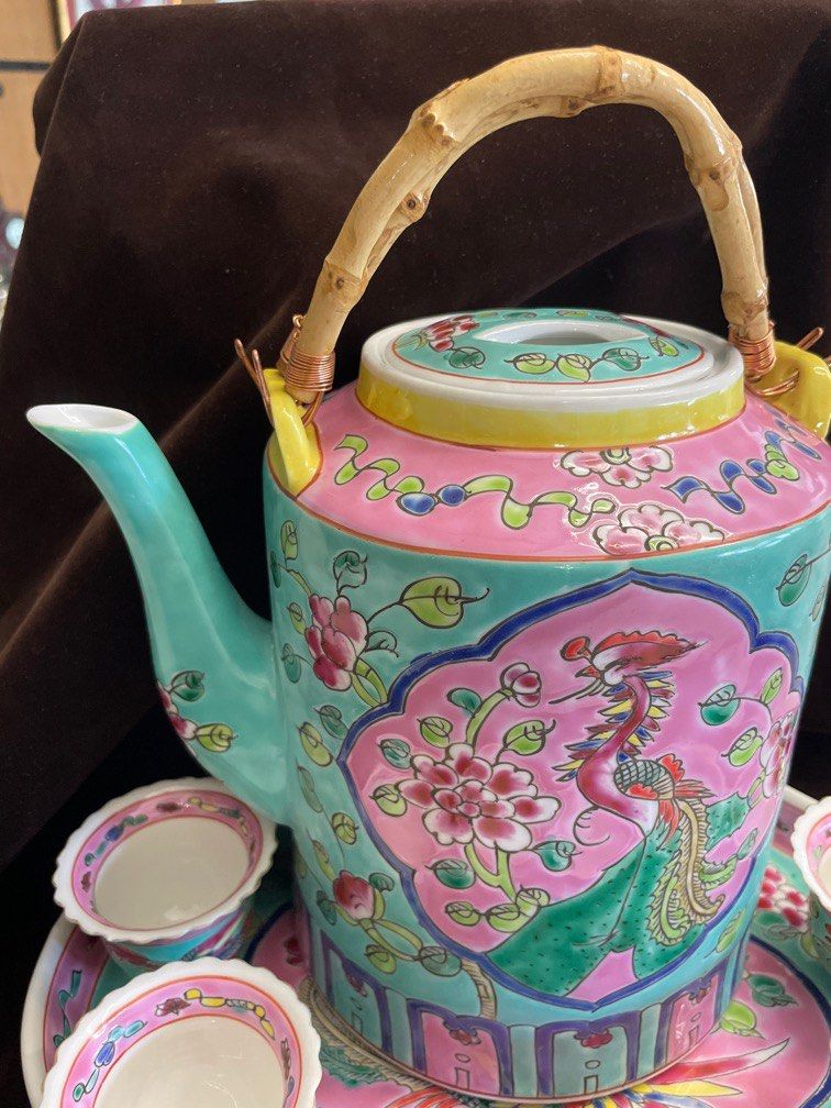 Peranakan Teapot Set with ( Tray + 6 Cups), Furniture & Home Living