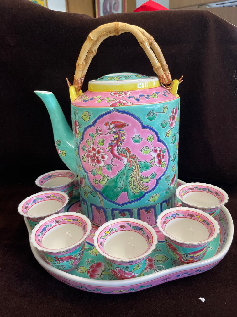 Peranakan Teapot Set with ( Tray + 6 Cups), Furniture & Home Living