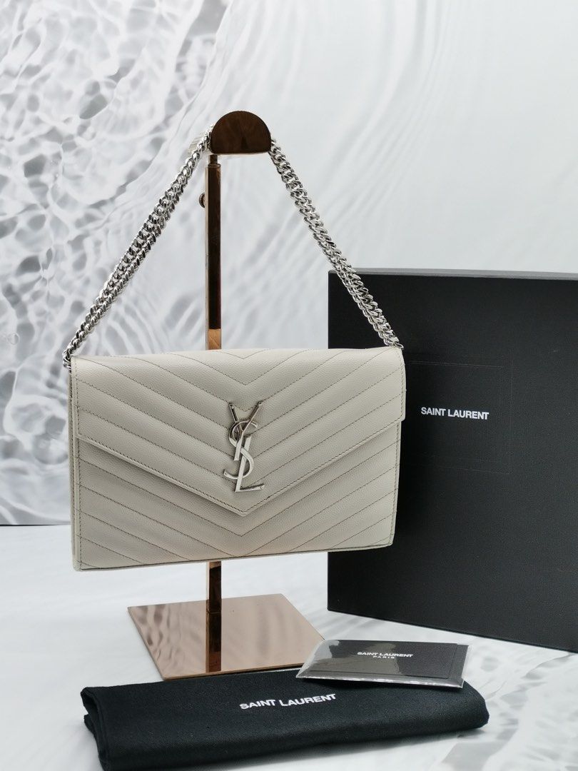 RAYA SALE YSL SAINT LAURENT ENVELOPE GRAINED CALFSKIN LEATHER WALLET ON CHAIN FULL SET