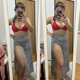 Skirt with High Slit Forever 21  S on tag 27” waist 33” length Satin fabric Php250  2pc red M-Semi L frame Php200  Set for Php400