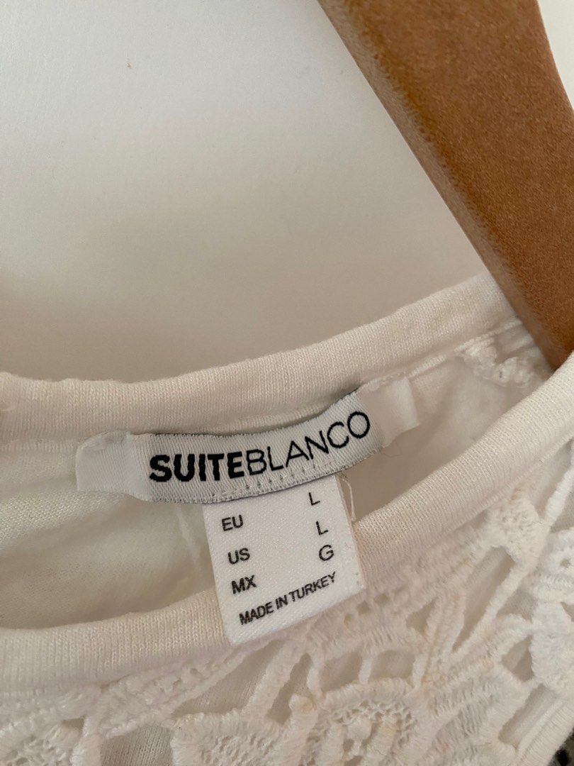 Suiteblanco Sleeveless Lace Crop Top (Category: Blouses) located in Makati City. Submitted by mmivs (Listing ID 1231519755, Image 2). Description: Brand: Suite blanco Size: Large on tag but fits Medium to Large - RFS: Decluttering - White lace design - Back half zipper closure.