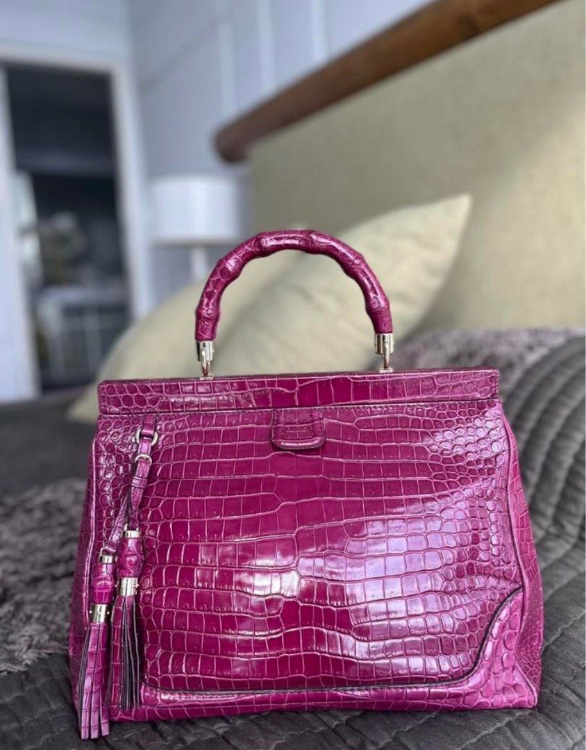 Super Rare Authentic Exotic Gucci Crocodile bamboo bag in fuschia pink color