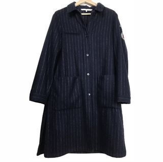 ZARA sz L navy blue stripe women long coat jacket wool blend pockets warm winter