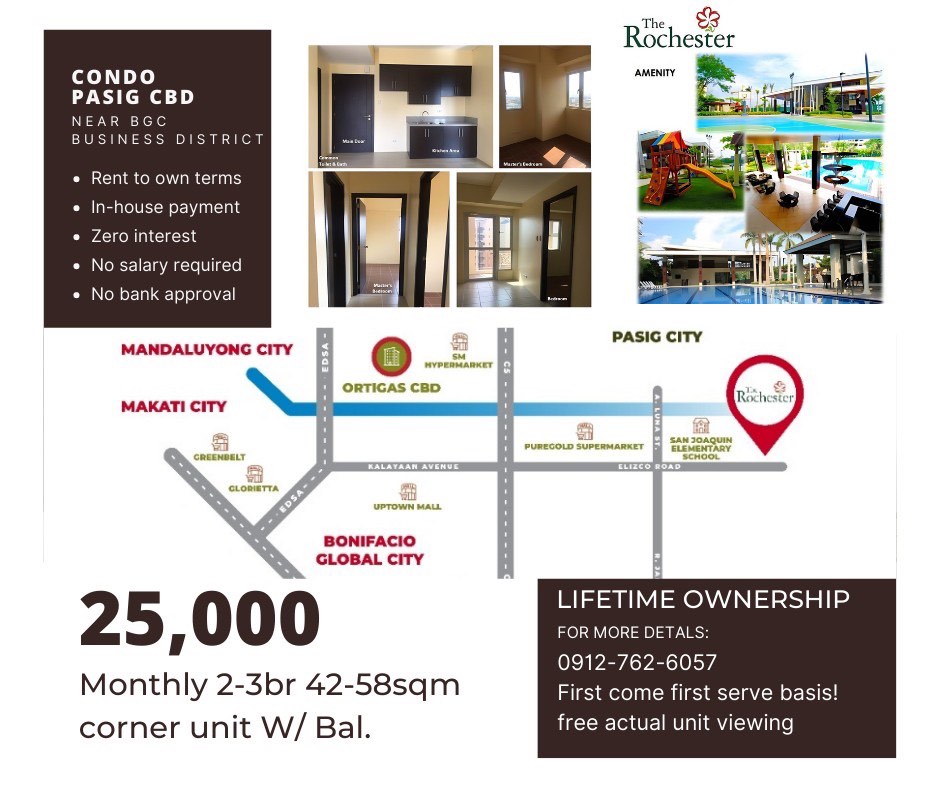 3BR ROCHESTER GARDEN CONDO IN PASIG RENT TO OWN ORTIGAS PATEROS TAGUIG