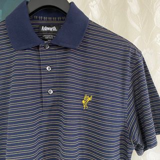 Ashworth 高級有機棉濃紺藍金邊橫條紋短袖POLO衫