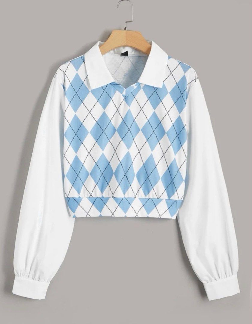 BRAND NEW/INSTOCK* SHEIN EZwear Argyle Print Bishop Sleeve Blouse