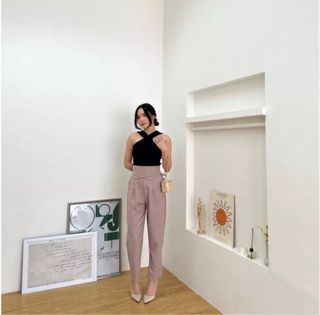 Brown ankle office pants kulot culotte trousers celana kerja straight hw high waist highwaist
