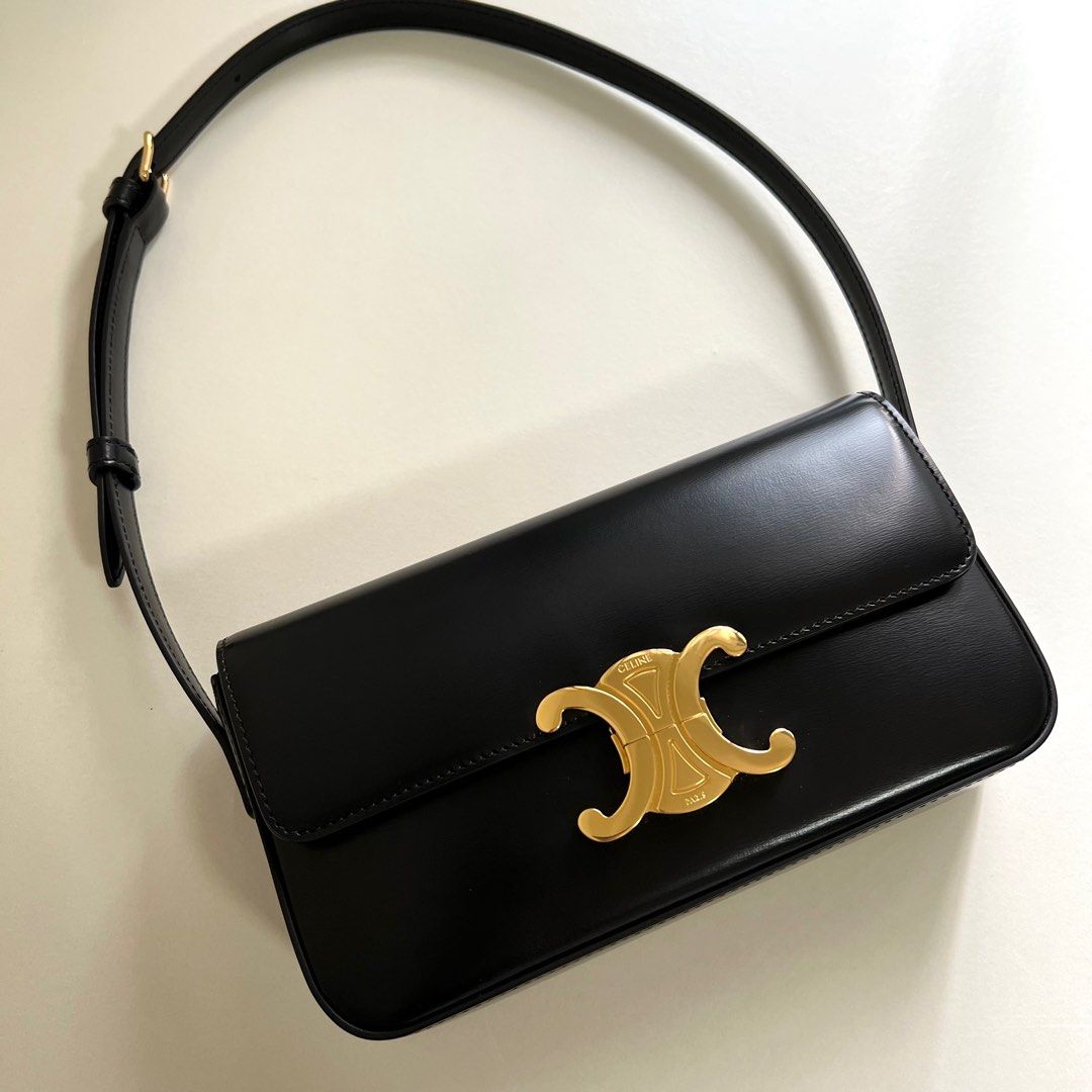 Celine, Bags, Authentic Celine Triomphe Shoulder Bag In Shiny Black  Calfskin Leather 222