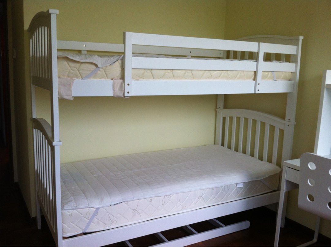 Double Decker Bed wood white ikea single size, Furniture & Home Living