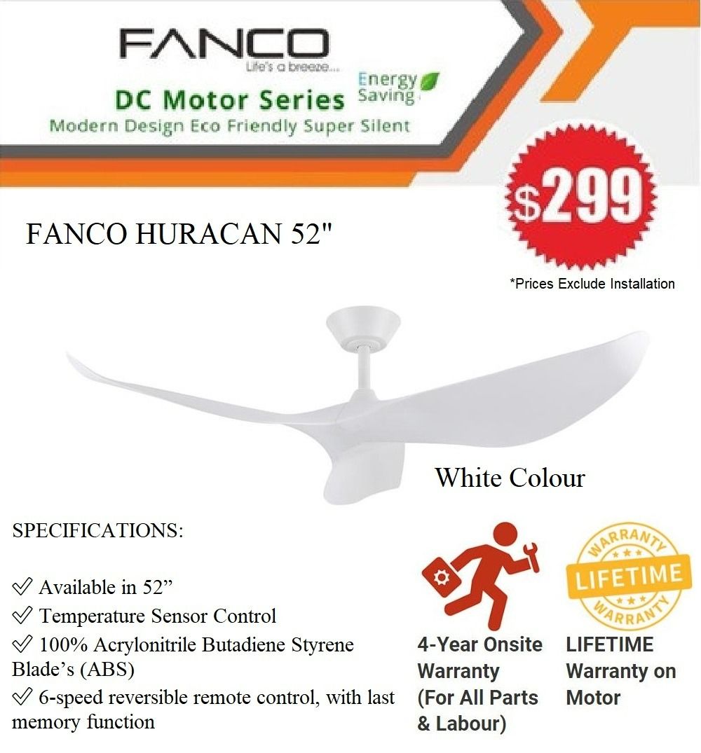 Fanco Huracan 52" Designer Style DC Ceiling Fan 6 Speed with