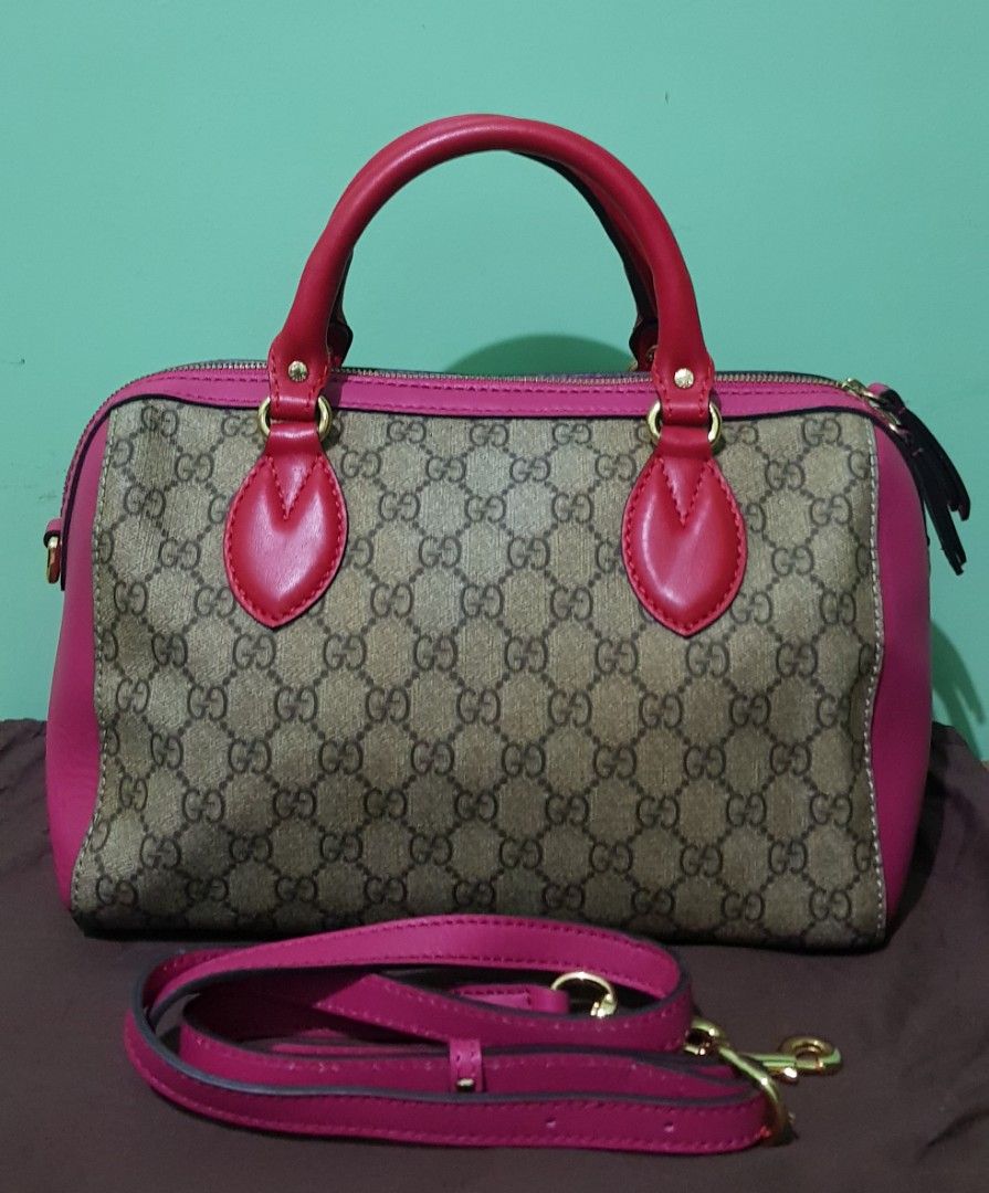 GUCCI Supreme Monogram Small Boston Pink Hibiscus Red Luxury