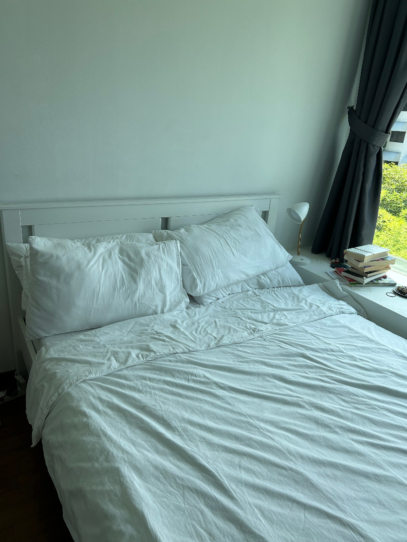 IKEA Songesand white double bedframe + mattress, Furniture & Home