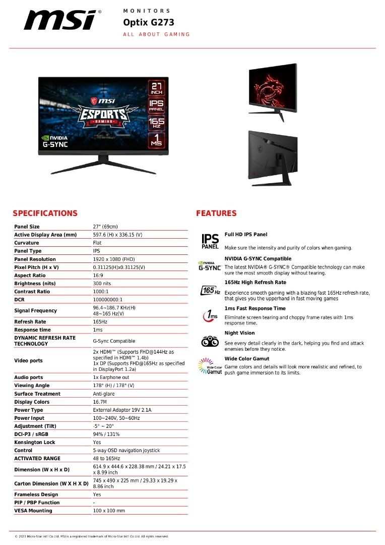 MSI Optix G273 Gaming Monitor 27 Inch IPS Panel 165HZ 1MS GSync