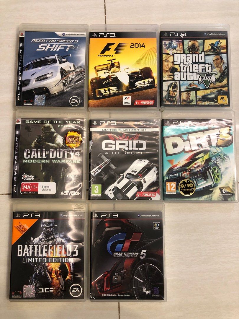 PS3 games (Category: PlayStation) located in Singapore. Submitted by galapogos (Listing ID 1231735521, Image 1). Description: Various PS3 games. Disc all in good condition. Need for Speed Shift $18 F1 2014 $20 - sold Grand Theft Auto $25 Call of Duty 4 MW $20 Grid auto sport $20 Dirt 3 $20 - sold. Battlefield 3 $20 Grand Turismo 5 $25.