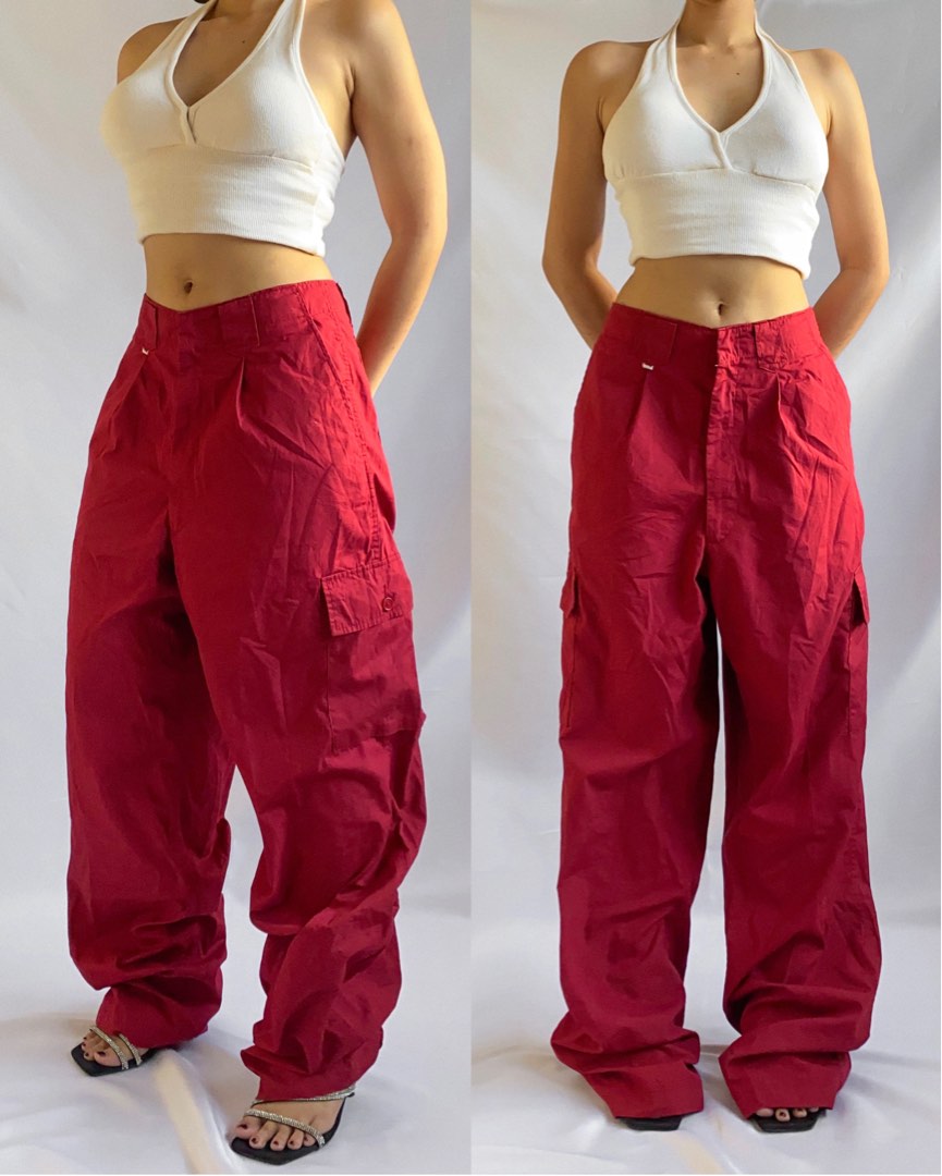 Red baggy cargo pants unisex, Women's Fashion, Bottoms, Other Bottoms