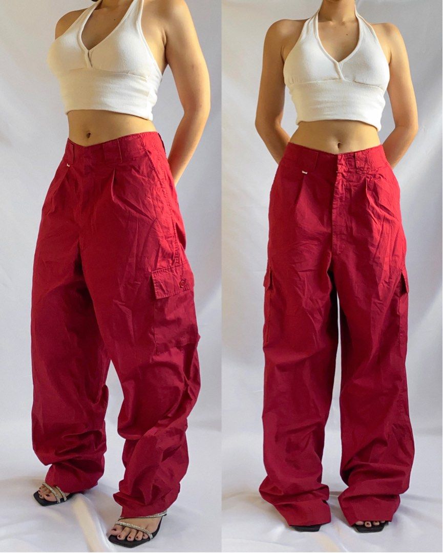 Red baggy cargo pants unisex, Women's Fashion, Bottoms, Other Bottoms