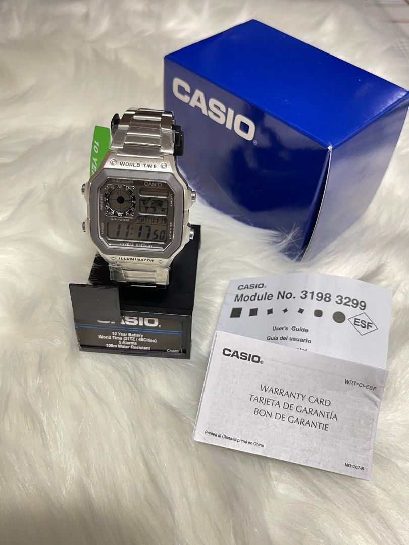 Casio Men's 10-Year Battery Quartz Watch with Stainless Steel Strap and  World Time, Silver, Model AE-1200WHD-7AVCF