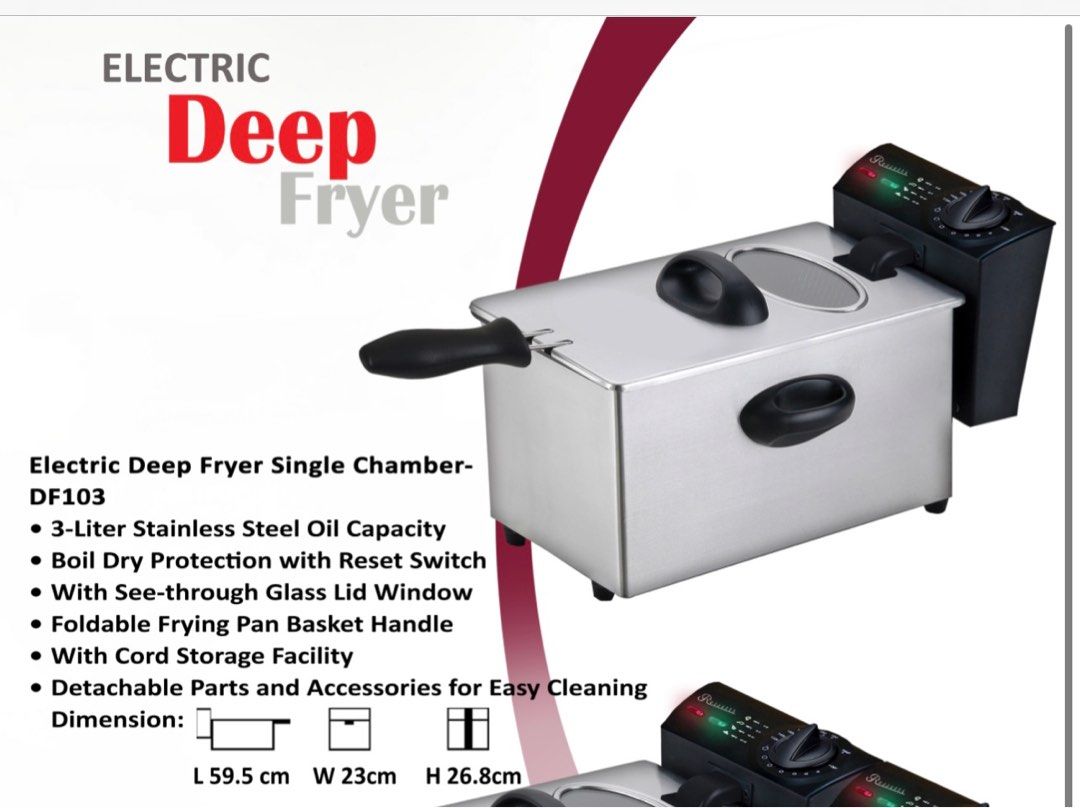 Rossetti Electric Deep Fryer DF 103 (Category: Other Kitchenware & Tableware) located in Paranaque City. Submitted by homebox.com (Listing ID 1231741895, Image 1). Description: PROMO UNTIL MAY 2026- BUY 1 and get 2nd item with a lower amount in the items for sale at 30%off. The Rossetti Electric Deep Fryer has a 3L food capacity; you can fry quantities in a hurry. Indicator lights let you know when the fryer is plugged in and the unit is already 