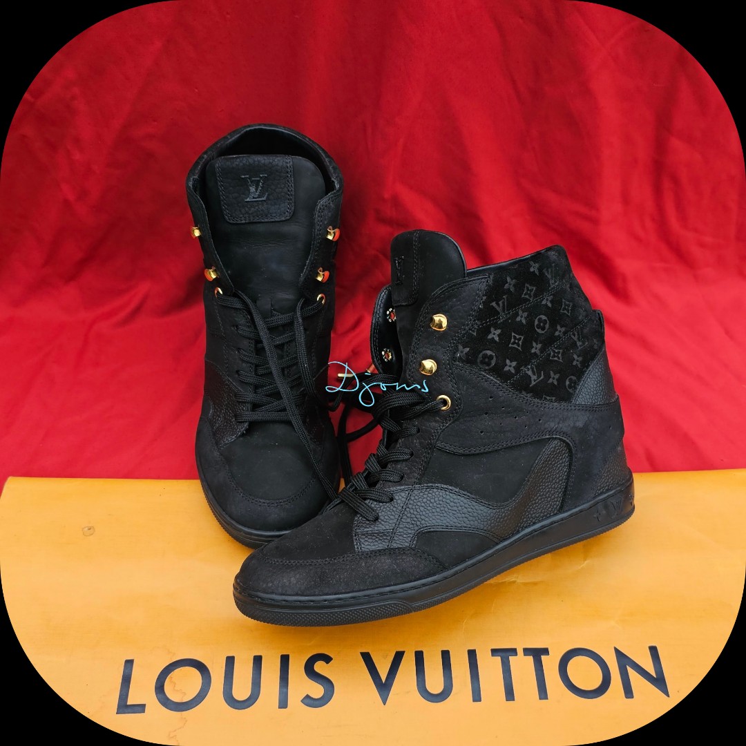 LOUIS VUITTON Calfskin Suede Monogram Cliff Top Wedge Sneakers 38.5 Black  424153