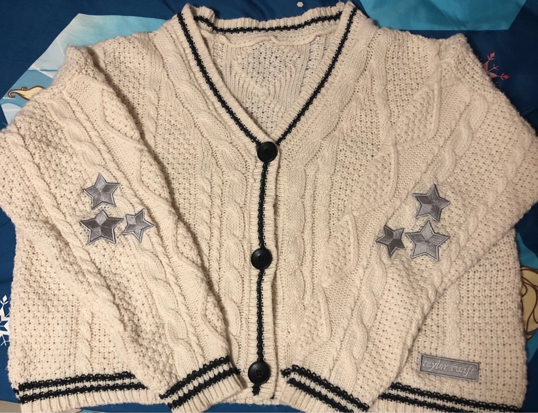 Taylor Swift Cardigan Dupe : White Folklore Cardigan Star Merch Oversized Cute Sweater Knitted I.250786531