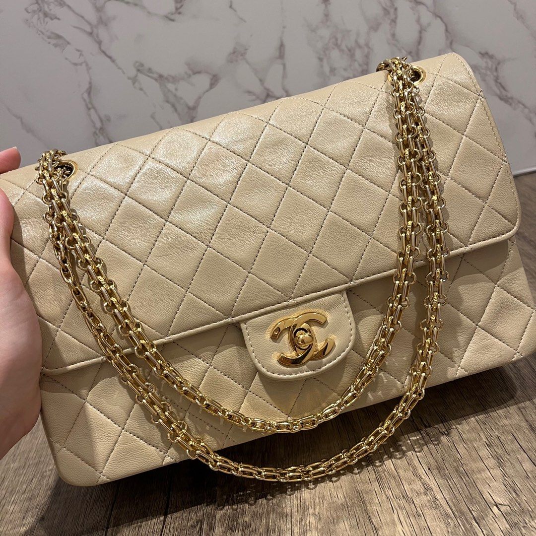 Vintage Chanel Beige Medium Classic Flap w Mademoiselle/2.55 Chain 24K GHW