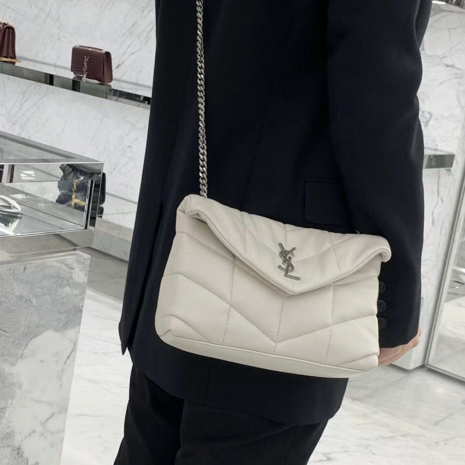 Saint Laurent Loulou Puffer Mini Crossbody Bag in White