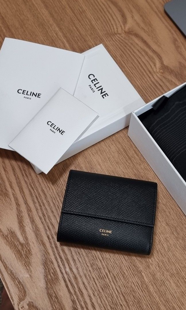 CELINE Trifold Wallet Gancini Black compact Vintage Old celine