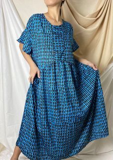 Blue & black patterned silk slip on dress