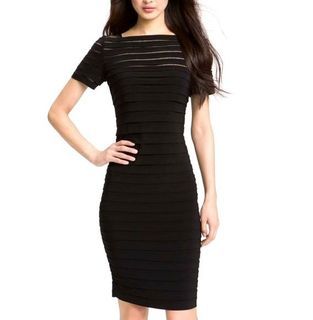 BN Adrianna Papell Illusion Mesh Striped Short Sleeve Black Designer Dress Evening Gown Formal Dress Party Dress