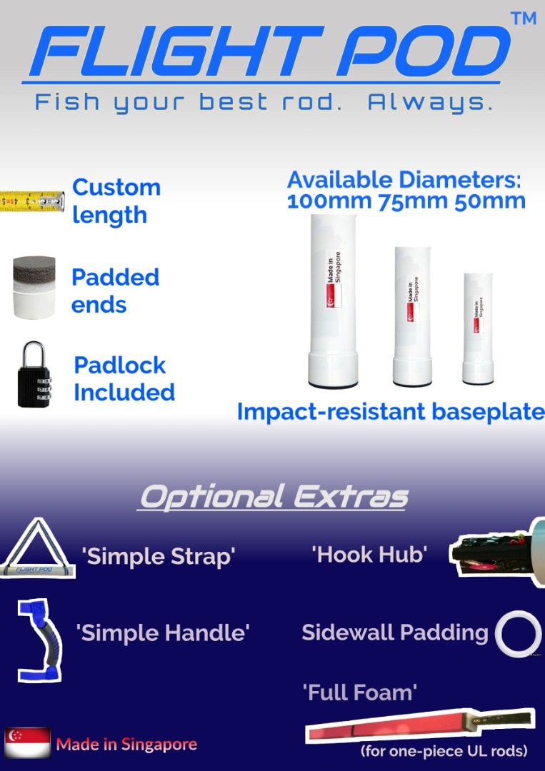 FLIGHT POD fishing rod protective tube / case / barrel (custom length).  MADE IN SINGAPORE.