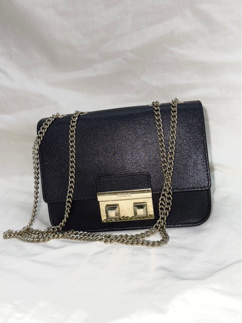 furla black shoulder crossbody gold chain bag