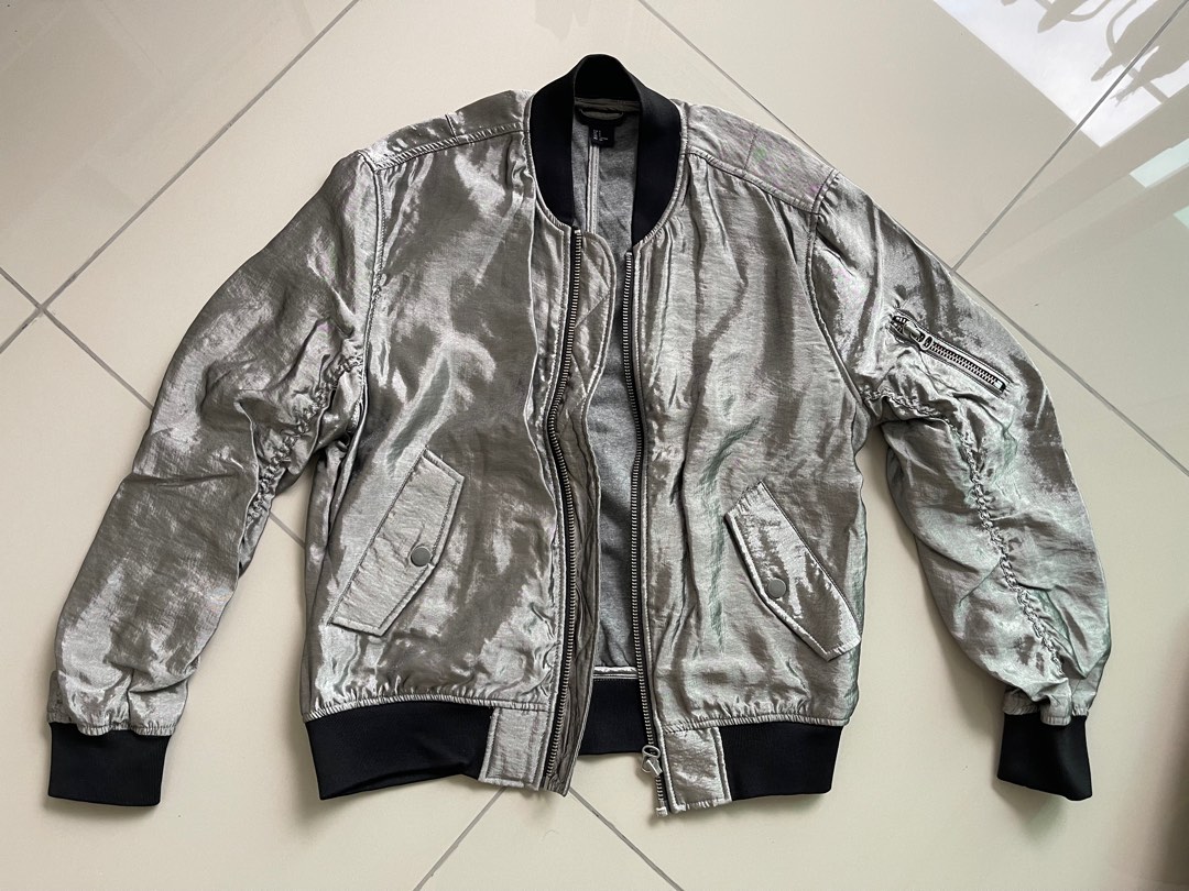 H M Silver Metallic Men s Bomber Jacket Men s Fashion Coats