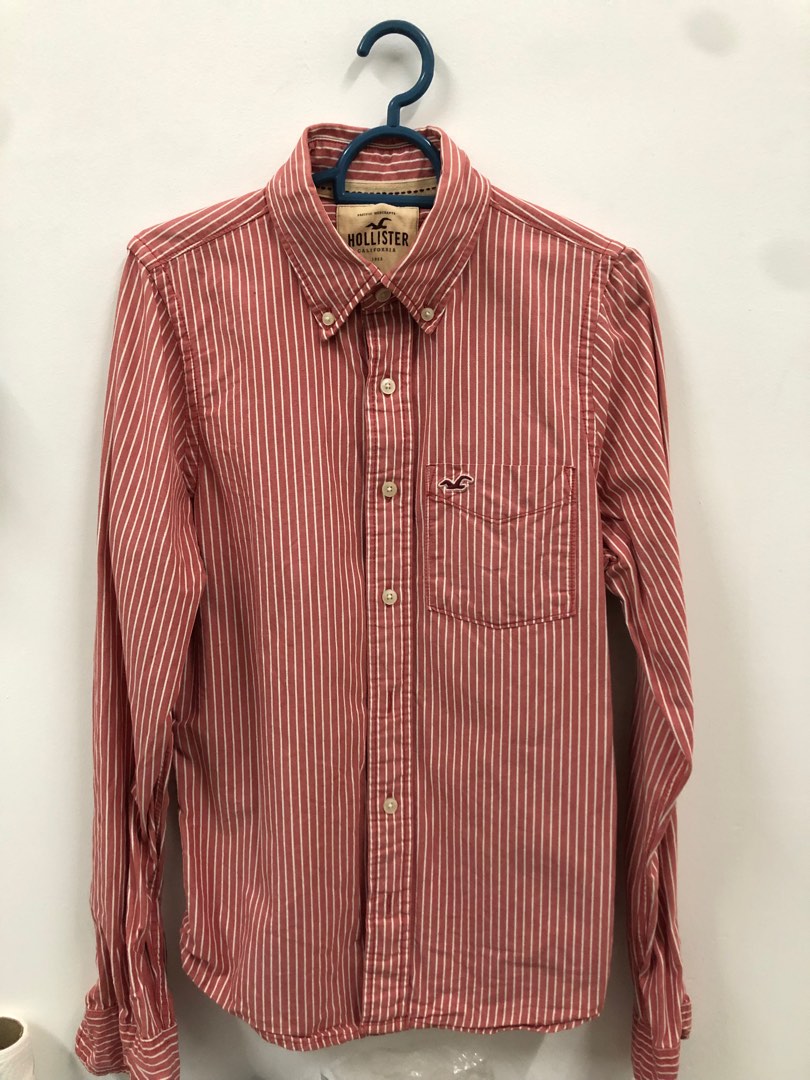 Hollister Men's Red White Striped Long Sleeve Henley Shirt Size M
