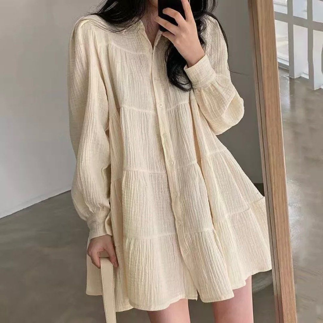 Korean style Loose Puff Long Sleeve Short Dress, Women's Fashion