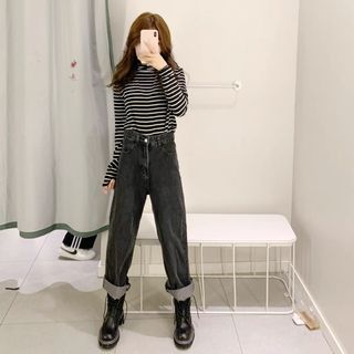 L號煙灰色褲管反折男友褲