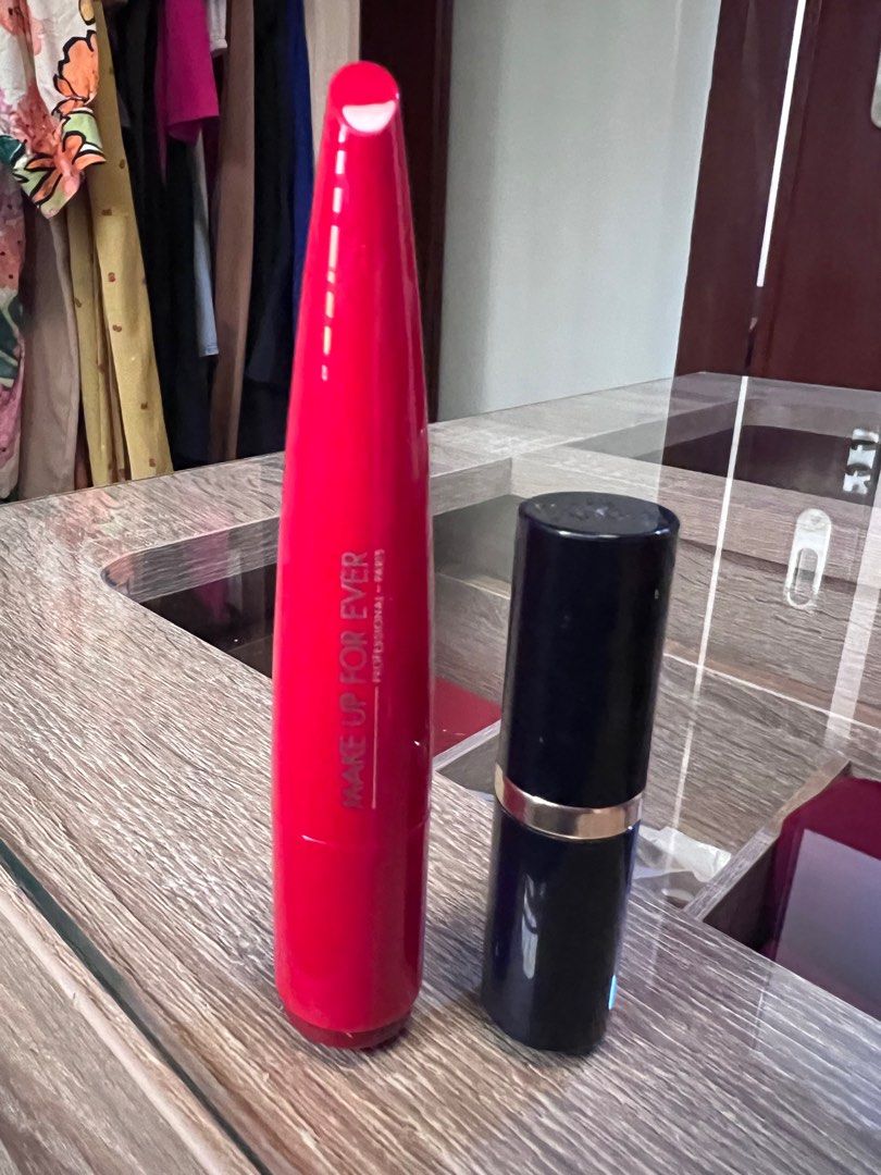 Lipstick bundle (make up forever and estee lauder) (Category: Makeup) located in Pasig City. Submitted by lacecruz (Listing ID 1231859782, Image 1). Description: 1. Make up forever rouge artist shine on (free rosewood)3.2g 2. Estee lauder pure color envy, (rebellious rose).