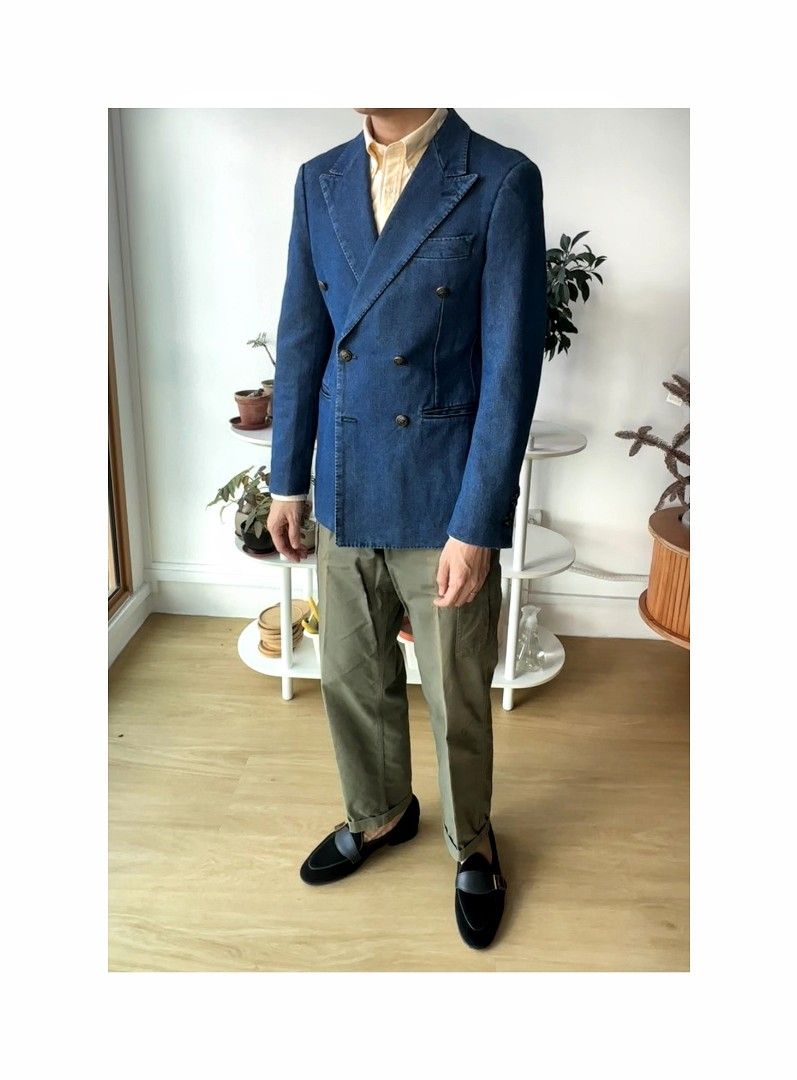 Mens double breasted denim blazer new arrivals