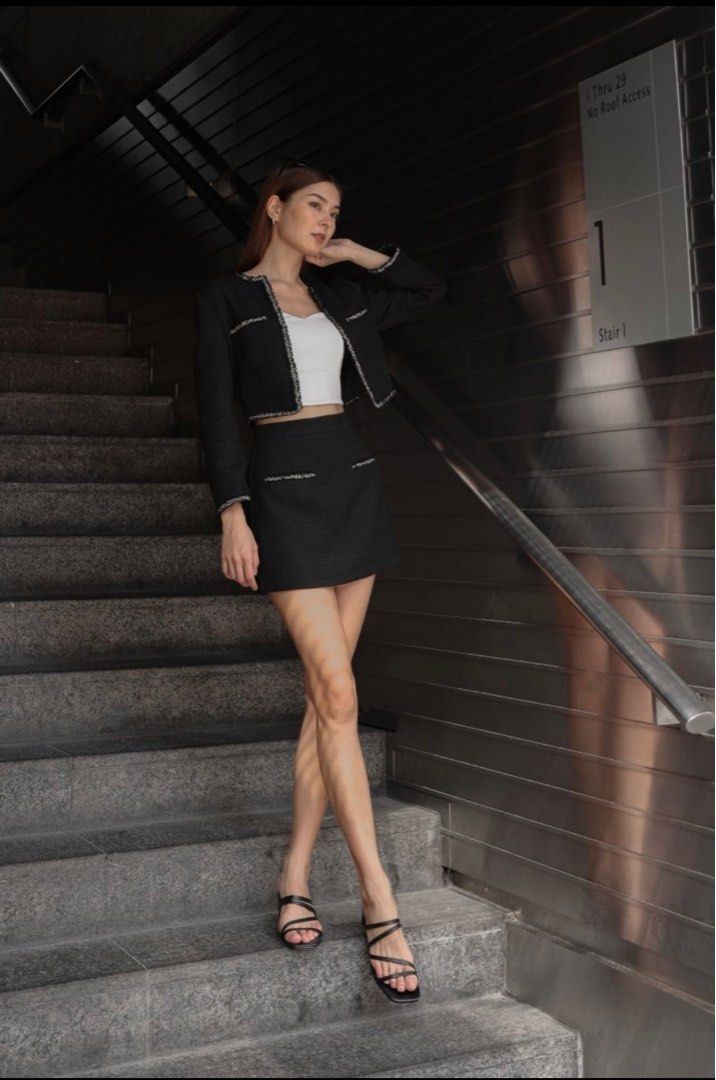 SHANELL TWEED TRIMMING JACKET (BLACK / CREAM), Women's Fashion, Coats