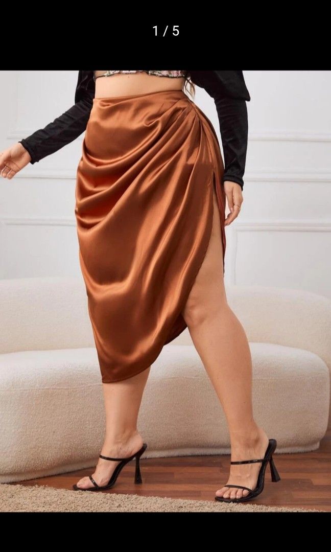 Shein brown silk ruched skirt Women s Fashion Bottoms Skirts on