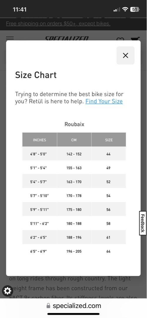 Roubaix size chart outlet