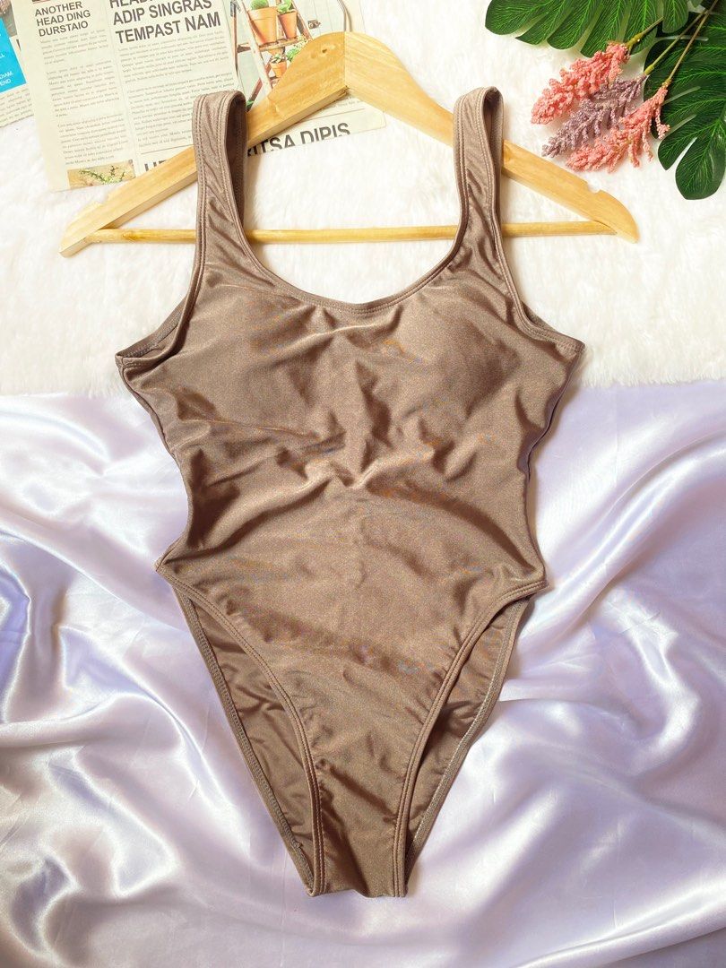 Zaful Mettalic Brown One Piece Swimsuit Women s Fashion Swimwear Bikinis Swimsuits on Carousell