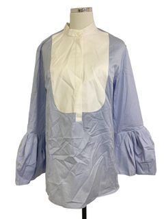 Another Tomorrow Blue Pleated Bell Sleeves Button Down Blouse