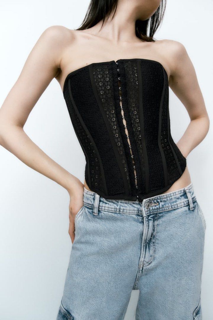 Zara, Tops, New Zara Black Satin Corset Bodysuit