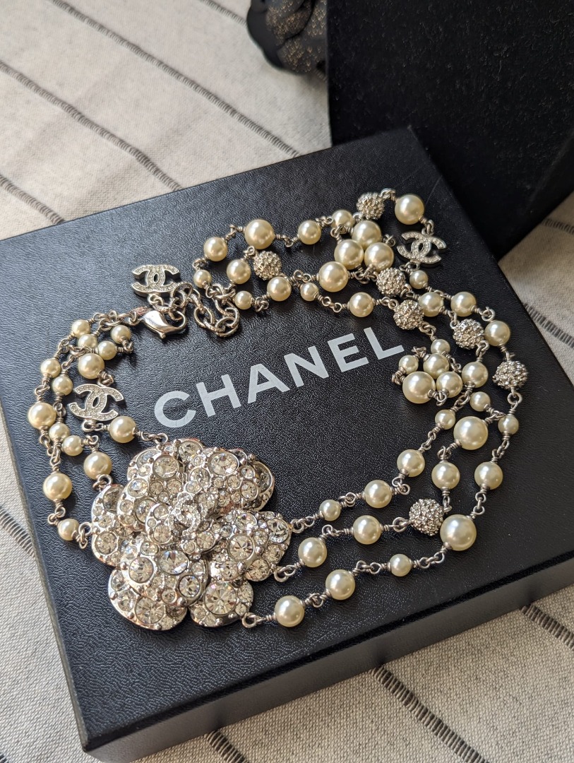 Chanel CC A12C SHW 3 Strand Pearl Crystal Logo Camellia Necklace Box,  Women's Fashion, Jewelry & Organisers, Necklaces on Carousell