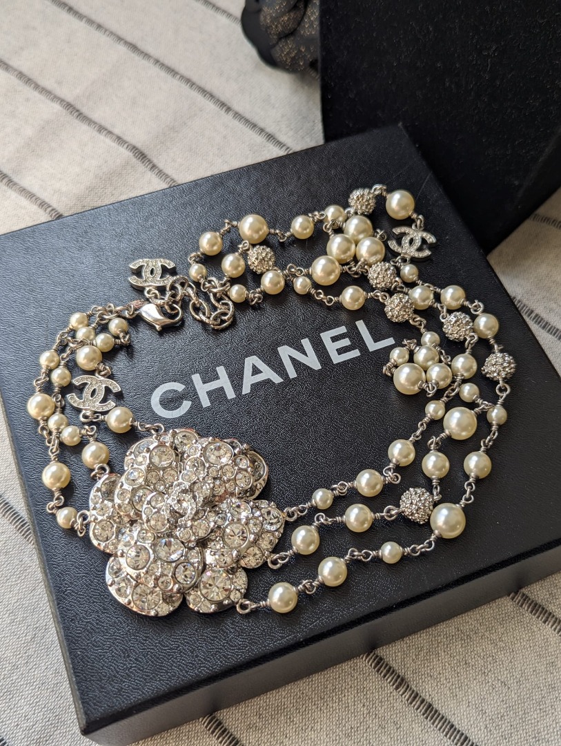 Chanel CC A12C SHW 3 Strand Pearl Crystal Logo Camellia Necklace