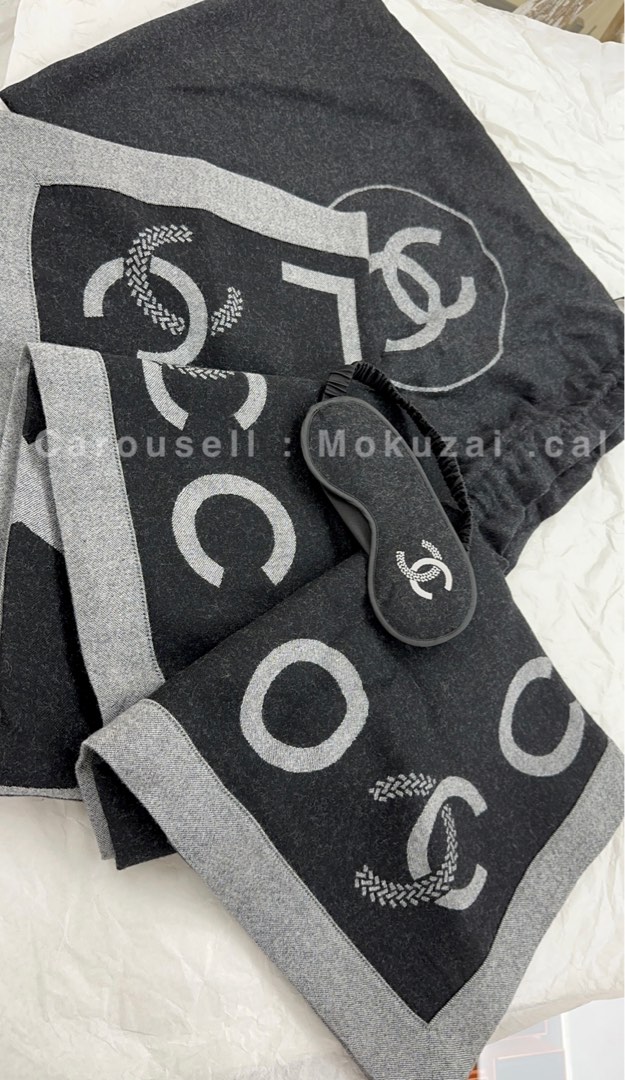 Chanel Travel Set Blanket & Sleep Eye Mask Black/Grey Wool/Silk