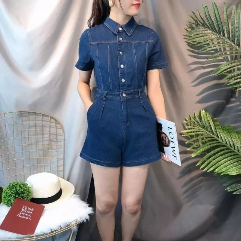 Chouyatou Women's Vintage Distressed Short Sleeve Zip up Denim Jean Utility Jumpsuit  Romper Shorts - Walmart.com
